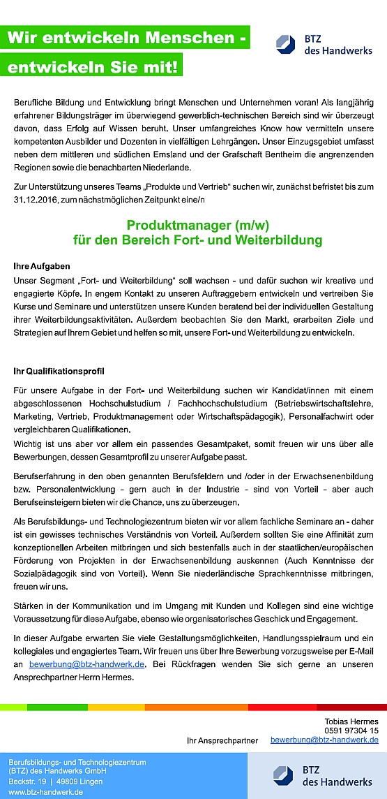BTZ des Handwerks GmbH - stellenangebot Produktmanager (m/w) Fort- und Weiterbildung